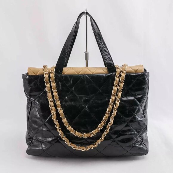 Authentic Chanel Black/Beige Quilted Glazed Leather Portobello Tote - Picture 1 of 14